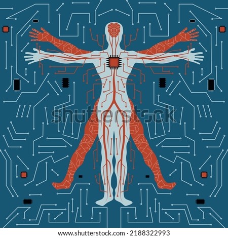 human anatomy with circuit line and brain conected to processor suitable for artficial intelligence illustration