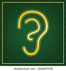 Human anatomy. Ear sign. Golden icon with gold contour at dark green gridded white background. Illustration.