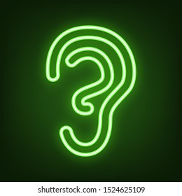 Human anatomy. Ear sign. Green neon icon in the dark. Blurred lightening. Illustration.