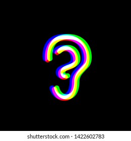 Human anatomy. Ear sign. Red, green and blue unfocused contour icon at black background. Illustration.