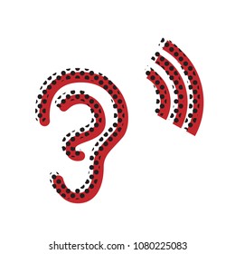 Human anatomy. Ear sign with soundwave. Vector. Brown icon with shifted black circle pattern as duplicate at white background. Isolated.