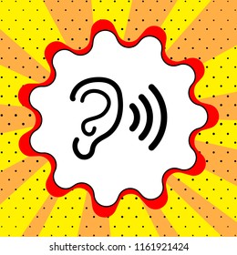 Human anatomy. Ear sign with soundwave. Black icon in the bubble on a yellow background pop art. Vector.