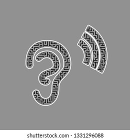 Human anatomy. Ear sign with soundwave. Vector. Black maze filled icon with white border at gray background.