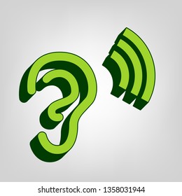 Human anatomy. Ear sign with soundwave. Vector. Yellow green solid icon with dark green external body at light colored background.