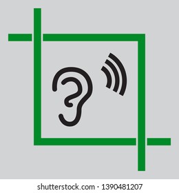 Human anatomy. Ear sign with soundwave. Black icon inside green crop tool at light gray background