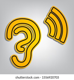 Human anatomy. Ear sign with soundwave. Flat orange icon with overlapping linear black icon with gray shadow at whitish background. Illustration.