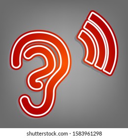 Human anatomy. Ear sign with soundwave. Flat red icon with linear white icon with gray shadow at grayish background. Illustration.