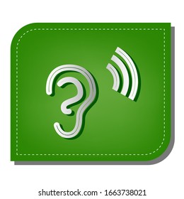 Human anatomy. Ear sign with soundwave. Silver gradient line icon with dark green shadow at ecological patched green leaf. Illustration.