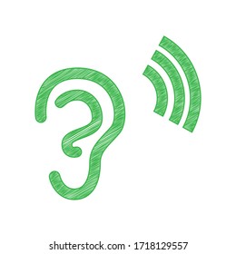 Human anatomy. Ear sign with soundwave. Green scribble Icon with solid contour on white background. Illustration.