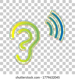 Human anatomy. Ear sign with soundwave. Blue to green gradient Icon with Four Roughen Contours on stylish transparent Background. Illustration.