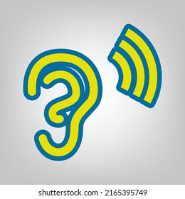 Human anatomy. Ear sign with soundwave. Icon in colors of Ukraine flag (yellow, blue) at gray Background. Illustration.