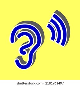 Human anatomy. Ear sign with soundwave. Blue Icon with white stroke in 3d at yellow Background. Illustration.
