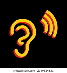 Human anatomy. Ear sign with soundwave. 3D Extruded Yellow Icon with Red Sides a Black background. Illustration.