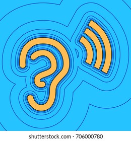 Human anatomy. Ear sign with soundwave. Vector. Sand color icon with black contour and equidistant blue contours like field at sky blue background. Like waves on map - island in ocean or sea.