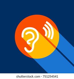 Human anatomy. Ear sign with soundwave. Vector. White icon on tangelo circle with infinite shadow of light at cool black background. Selective yellow and bright navy blue are produced.