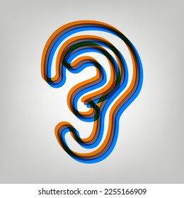 Human anatomy. Ear sign. Stroked Icon in orange, azure and old lavender Colors at gray Background. Illustration.