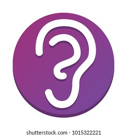 Human anatomy. Ear sign. Vector. White icon with flat shadow on purpureus circle at white background. Isolated.