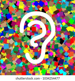 Human anatomy. Ear sign. Vector. White icon on colorful background with seamless pattern from squares.