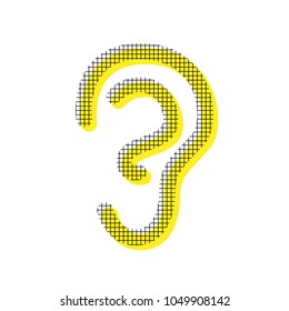 Human anatomy. Ear sign. Vector. Yellow icon with square pattern duplicate at white background. Isolated.