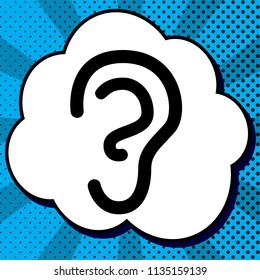 Human anatomy. Ear sign. Vector. Black icon in bubble on blue pop-art background with rays.