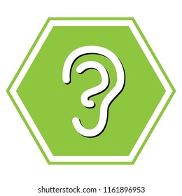 Human anatomy. Ear sign. Vector. White icon with black shadow at yellow green honeycomb on white background.