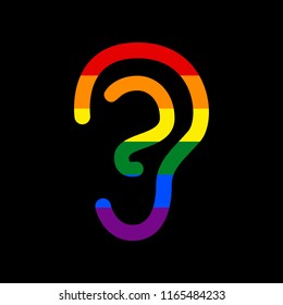 Human anatomy. Ear sign. Vector. Icon with colors of LGBT flag at black background.