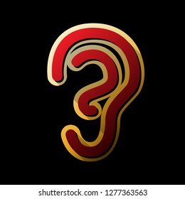 Human anatomy. Ear sign. Vector. Red icon with small black and limitless shadows at golden sticker on black background.