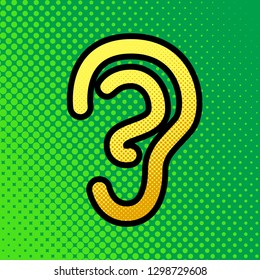 Human anatomy. Ear sign. Vector. Pop art orange to yellow dots-gradient icon with black contour at greenish background.