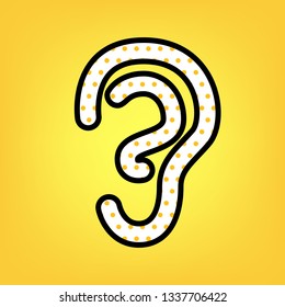 Human anatomy. Ear sign. Vector. Yellow polka dot white icon with black contour at warm yellow background.