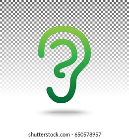 Human anatomy. Ear sign. Vector. Green gradient icon with shadow at bottom on transparent and white background.