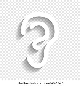 Human anatomy. Ear sign. Vector. White icon with soft shadow on transparent background.