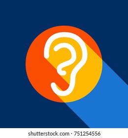 Human anatomy. Ear sign. Vector. White icon on tangelo circle with infinite shadow of light at cool black background. Selective yellow and bright navy blue are produced.