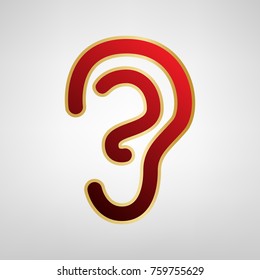 Human anatomy. Ear sign. Vector. Red icon on gold sticker at light gray background.