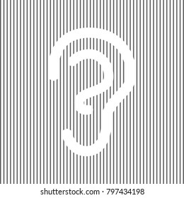 Human anatomy. Ear sign. Vector. White icon on grayish striped background. Optical illusion.