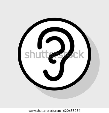 Human anatomy. Ear sign. Vector. Flat black icon in white circle with shadow at gray background.