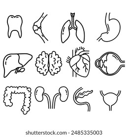 Human Anatomy icon set containing tooth joint lung stomach liver brain heart eye colon kidney pancreas and bladder.