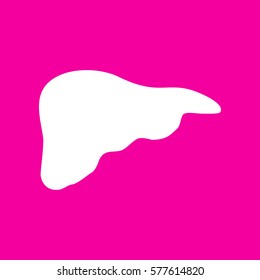 Human anatomy illustration. Liver sign. White icon at magenta background.