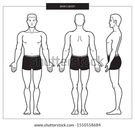 Human Anatomy Illustration Use for Medic Hospital Topic, Technology, Science, Infographic Vector outline Illustration of man body. Male silhouette of the human body in underwear. Front, back and side 