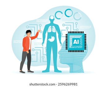 Human anatomy and its integration with artificial intelligence and technology, showcasing advances in medical science and innovation using AI algorithms. Flat vector illustration