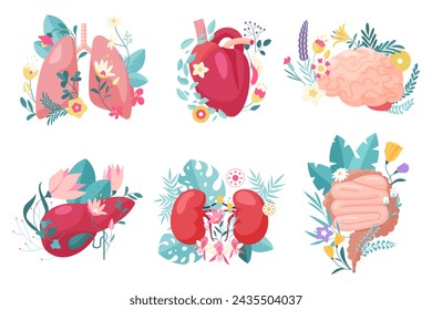 Human anatomy, internal organs with flowers and plants set. Lungs and heart, brain and kidneys, large and small intestines, liver and gall bladder with floral decoration cartoon vector illustration