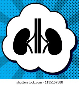 Human anatomy. Kidneys sign. Vector. Black icon in bubble on blue pop-art background with rays.