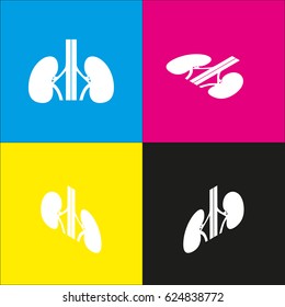 Human anatomy. Kidneys sign. Vector. White icon with isometric projections on cyan, magenta, yellow and black backgrounds.