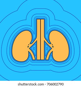 Human anatomy. Kidneys sign. Vector. Sand color icon with black contour and equidistant blue contours like field at sky blue background. Like waves on map - island in ocean or sea.