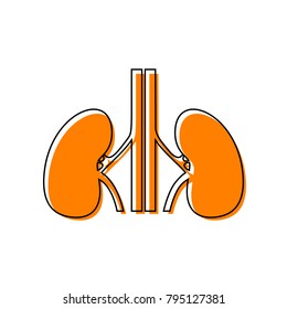 Human anatomy. Kidneys sign. Vector. Black line icon with shifted flat orange filled icon on white background. Isolated.