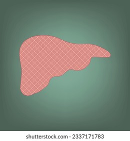 Human anatomy. Liver sign. Apricot Icon with Brick Red parquet floor graphic pattern on a Ebony background. Feldgrau. Green. Illustration.