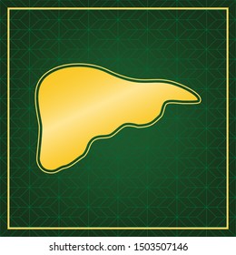 Human anatomy. Liver sign. Golden icon with gold contour at dark green gridded white background. Illustration.