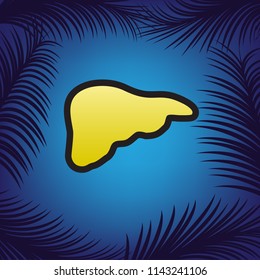 Human anatomy. Liver sign. Vector. Golden icon with black contour at blue background with branches of palm trees.