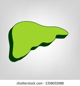 Human anatomy. Liver sign. Vector. Yellow green solid icon with dark green external body at light colored background.