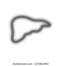 Human anatomy. Liver sign. Vector. Double contour black icon with soft shadow at white background. Isolated.