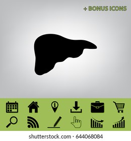 Human anatomy. Liver sign. Vector. Black icon at gray background with bonus icons at celery ones